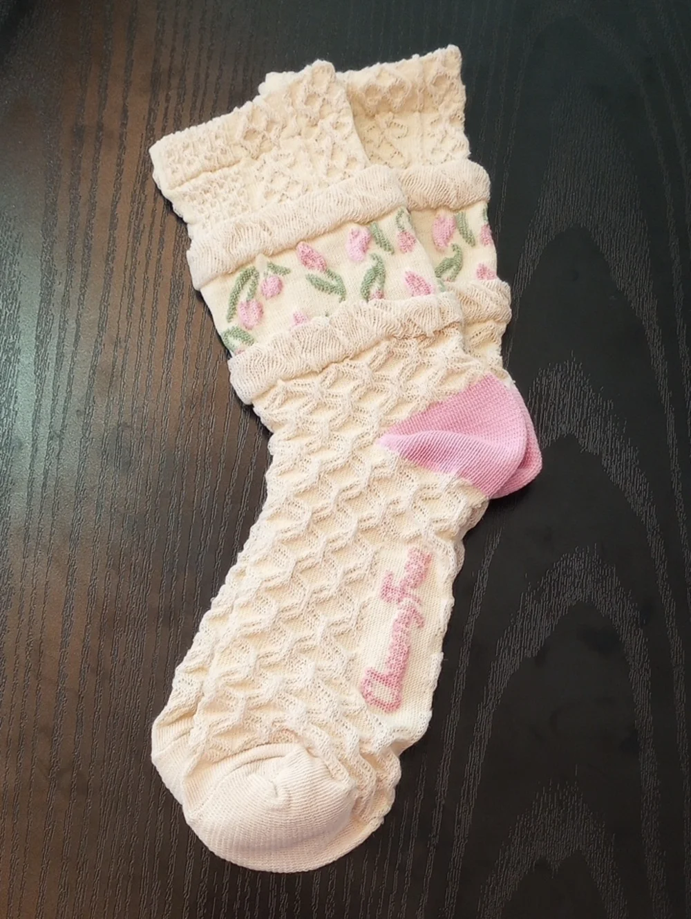 Cream Cable Knit Mid-calf Socks with Pink Heel and Floral Trim
